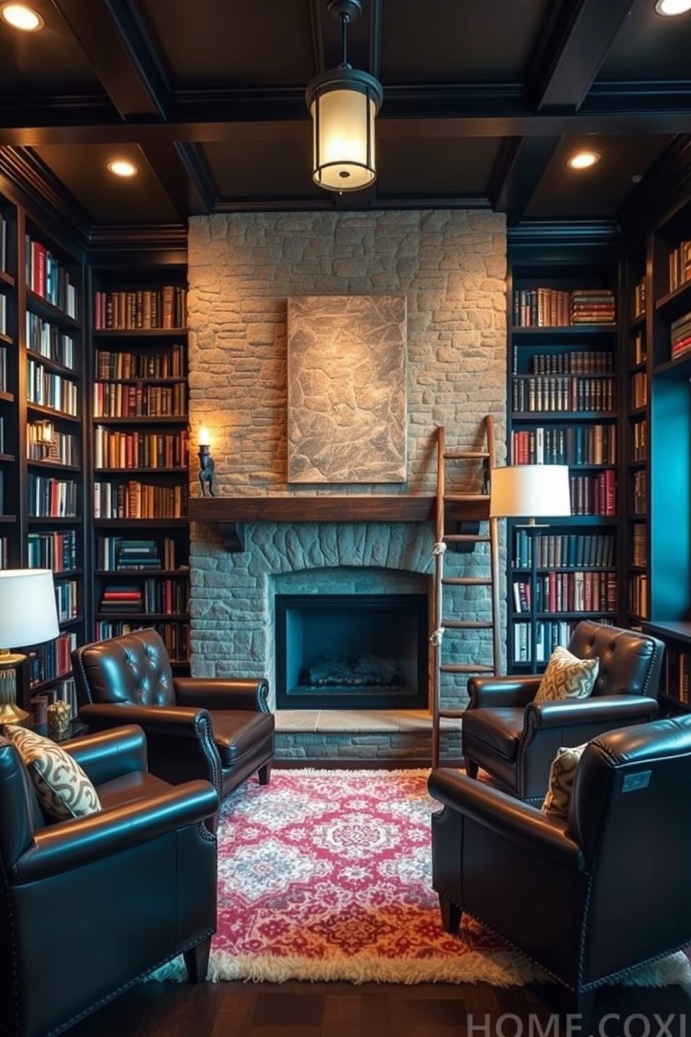 Create a cozy basement home library featuring a large stone fireplace as the focal point. The walls are lined with dark wood bookshelves filled with an array of books, and a plush area rug anchors a seating area with comfortable leather armchairs. Incorporate warm lighting through elegant sconces and a stylish floor lamp, casting a soft glow throughout the space. A wooden ladder leans against the bookshelves, adding a touch of charm and accessibility to the collection.