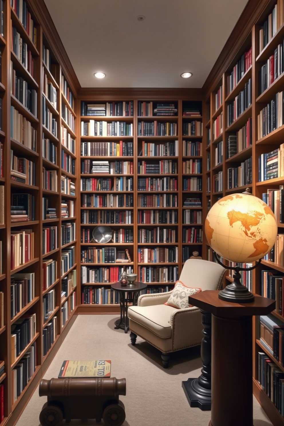 A cozy basement home library designed to utilize corner spaces creatively. Shelving units built into the corners are filled with books, while a comfortable reading nook with a plush armchair and a small side table is nestled in one corner. Soft ambient lighting illuminates the space, creating a warm atmosphere perfect for reading. The walls are painted a deep navy blue, complemented by rich wood accents and a patterned area rug that adds texture to the floor.