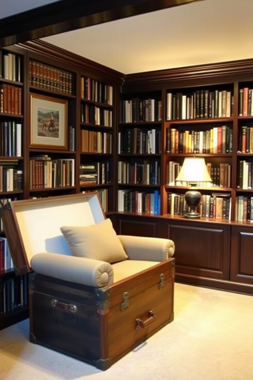 A cozy basement home library featuring a vintage trunk used for additional storage. The room is adorned with dark wooden bookshelves filled with books, and a plush reading chair is positioned near a soft, warm light source.