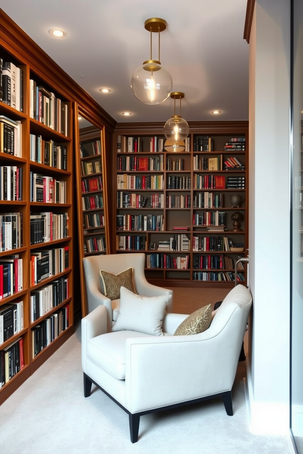 A cozy basement home library featuring floor-to-ceiling bookshelves filled with an array of books. Large mirrors are strategically placed on the walls to reflect light and create an illusion of a more spacious area. A plush reading nook is positioned in one corner with a comfortable armchair and a small side table. Soft lighting fixtures hang from the ceiling, providing a warm ambiance for late-night reading sessions.