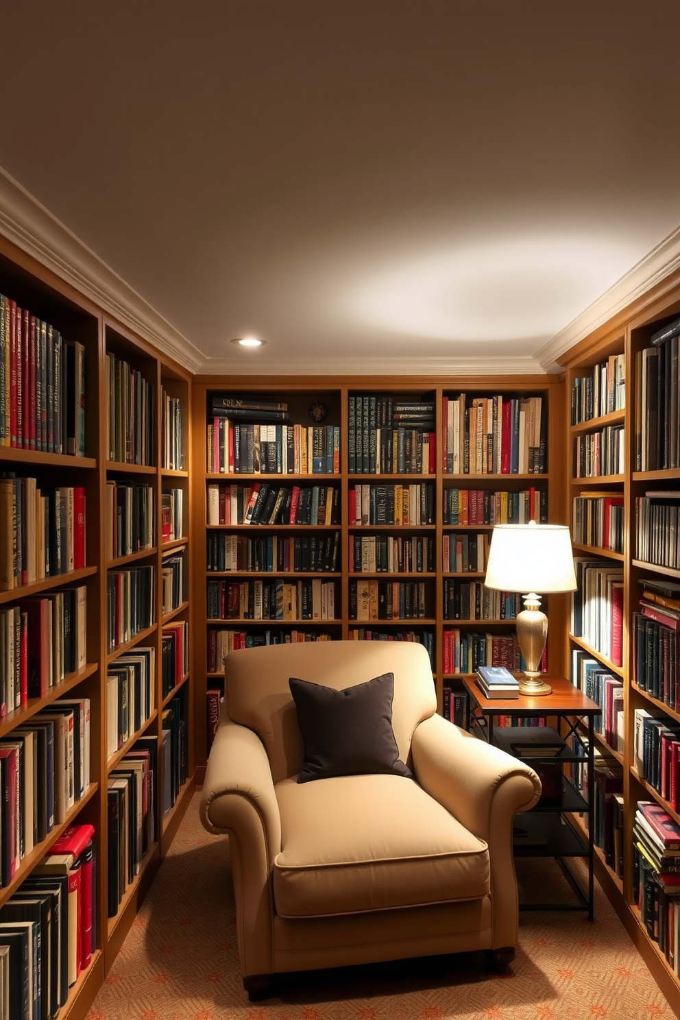 A cozy basement home library with warm lighting creates an inviting atmosphere. Shelves filled with books line the walls, and a plush reading nook features a comfortable armchair and a small side table.