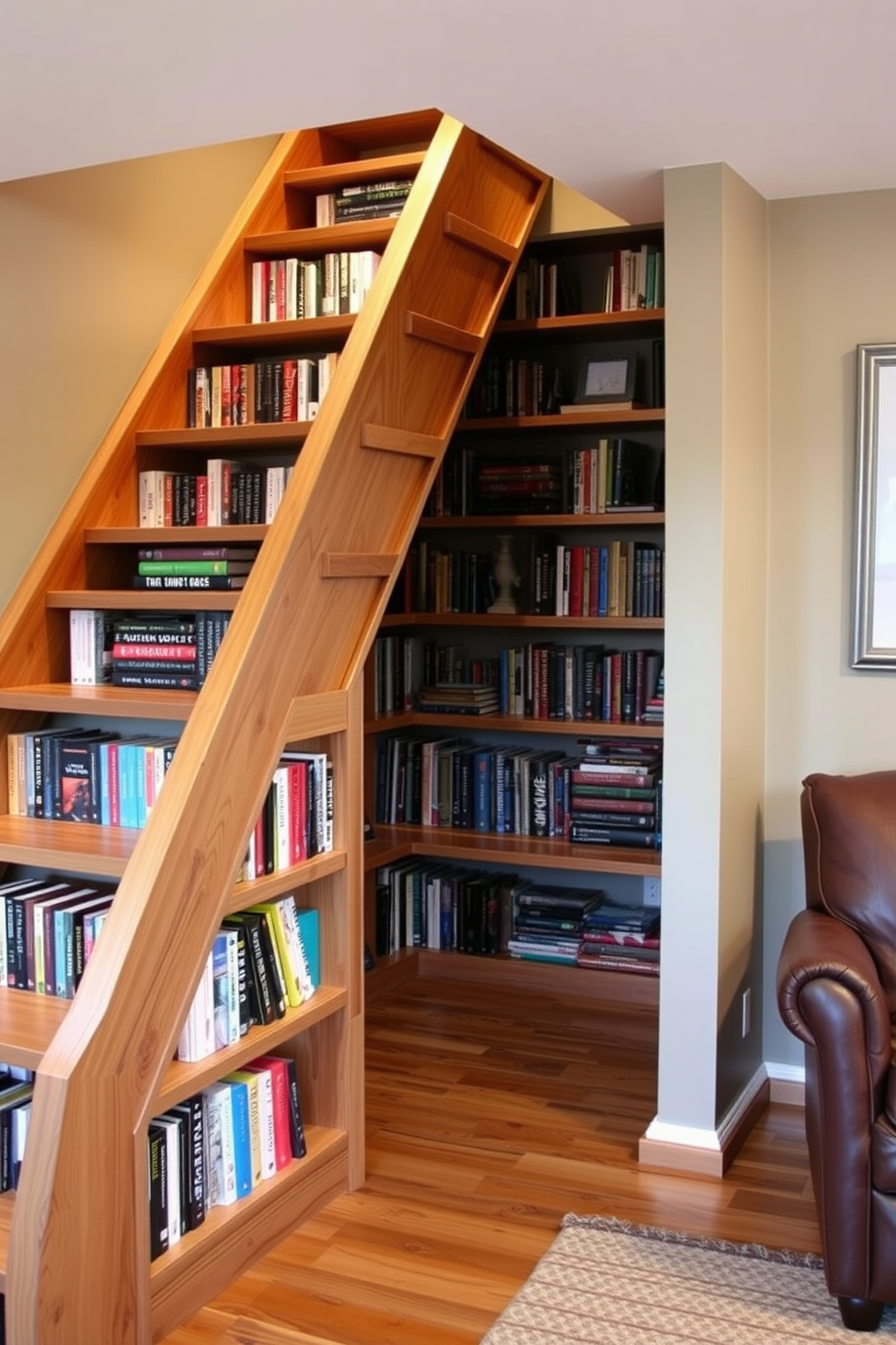 A cozy basement home library features a unique staircase designed to showcase an impressive collection of books. The stairs are crafted from reclaimed wood, with open shelving integrated into the risers, allowing for a creative display of colorful book spines and decorative items.