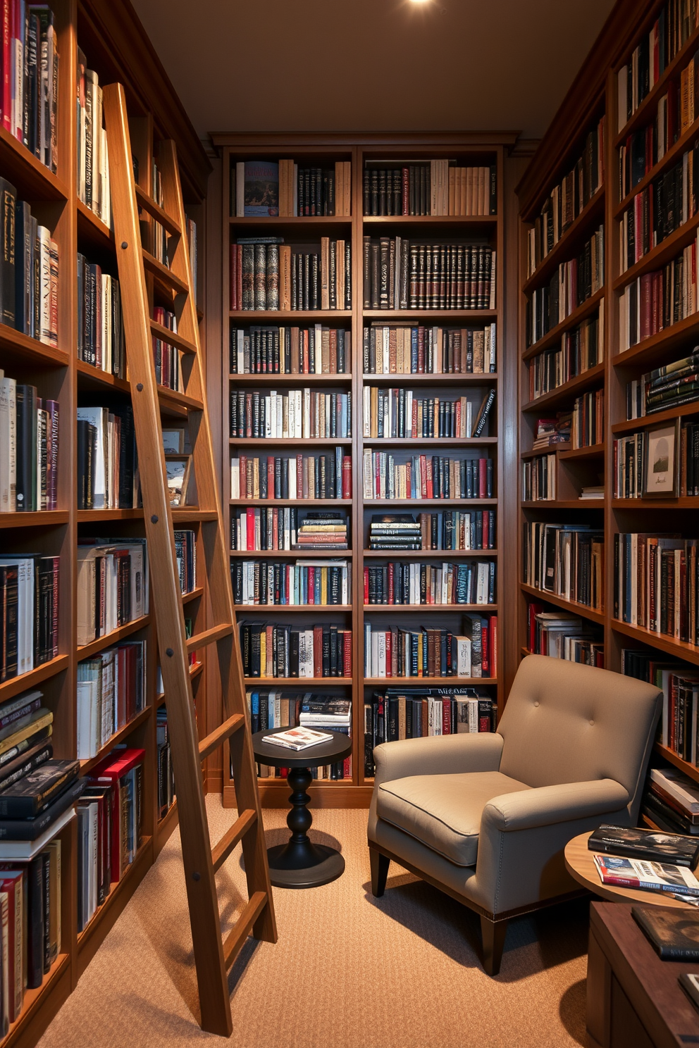 A cozy basement home library featuring vintage furniture that adds a classic touch. The space is adorned with a rich mahogany bookcase filled with leather-bound books and a plush armchair upholstered in deep burgundy fabric. A large antique wooden table stands in the center, surrounded by mismatched chairs that evoke a sense of nostalgia. Soft, warm lighting from a vintage chandelier casts a welcoming glow, enhancing the inviting atmosphere of the library.