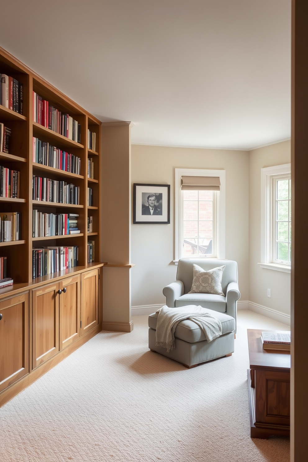 A serene basement home library featuring a neutral color palette that promotes a calm atmosphere. The walls are painted in soft beige, complemented by plush cream carpeting and warm wooden bookshelves filled with an array of books. A cozy reading nook is created with a comfortable armchair upholstered in light gray fabric, positioned near a large window that allows natural light to filter in. A simple wooden coffee table sits beside the chair, adorned with a few carefully selected decorative items and a soft throw blanket for added comfort.