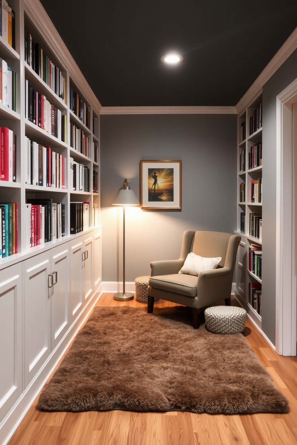 A cozy basement home library features floor-to-ceiling bookshelves made of dark wood, providing ample storage for a vast collection of books. Soft ambient lighting illuminates the space, creating a warm and inviting atmosphere perfect for reading and relaxation.