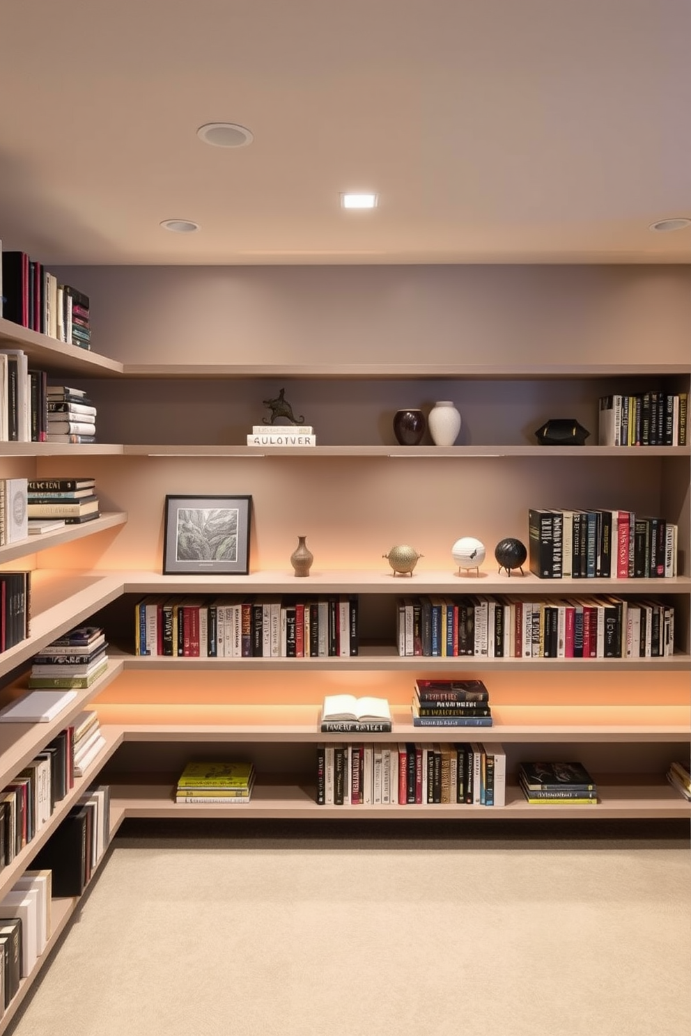 A modern basement home library features sleek floating shelves that elegantly display a curated collection of books and decorative items. The walls are painted in a soft gray, creating a cozy atmosphere complemented by warm ambient lighting.