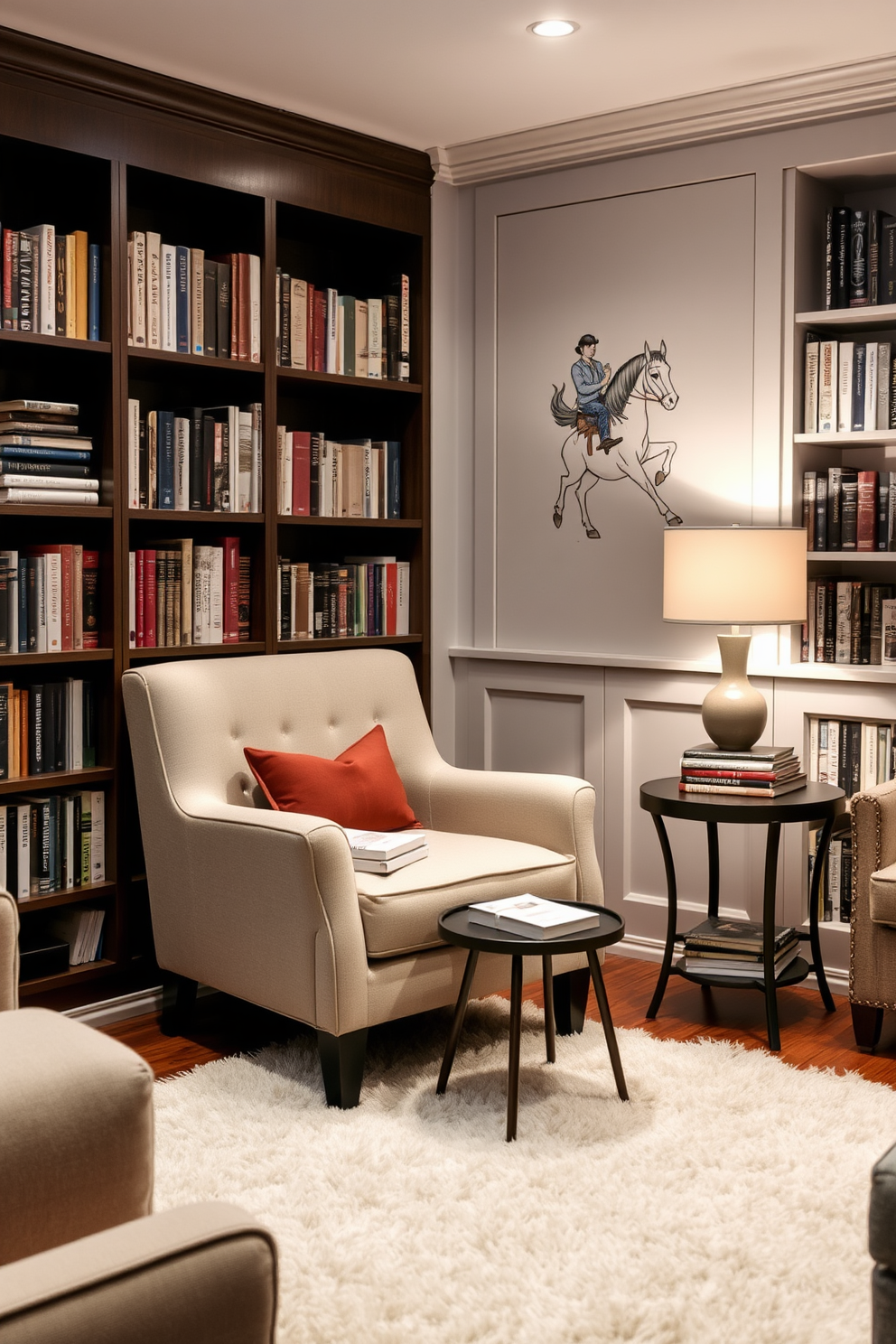 A cozy reading corner featuring an oversized armchair upholstered in soft fabric. A small side table is positioned next to the chair, holding a stack of books and a warm cup of tea. The walls are lined with built-in bookshelves filled with a diverse collection of literature. A plush area rug adds warmth to the space, while a soft floor lamp provides gentle lighting for late-night reading.