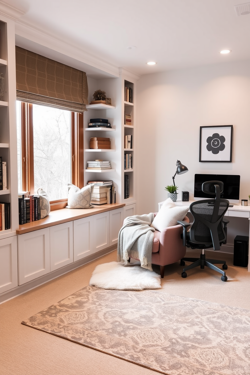 Cozy reading nook with natural light. A plush armchair is positioned next to a large window, with soft sunlight streaming in. The walls are lined with built-in bookshelves filled with an array of books. A small side table holds a steaming cup of tea and a cozy throw blanket drapes over the armchair. Basement home office design ideas. A sleek desk is placed against a wall with modern artwork, creating an inspiring workspace. The space is illuminated by warm lighting and features a comfortable ergonomic chair. A potted plant adds a touch of greenery, enhancing the overall ambiance of productivity.