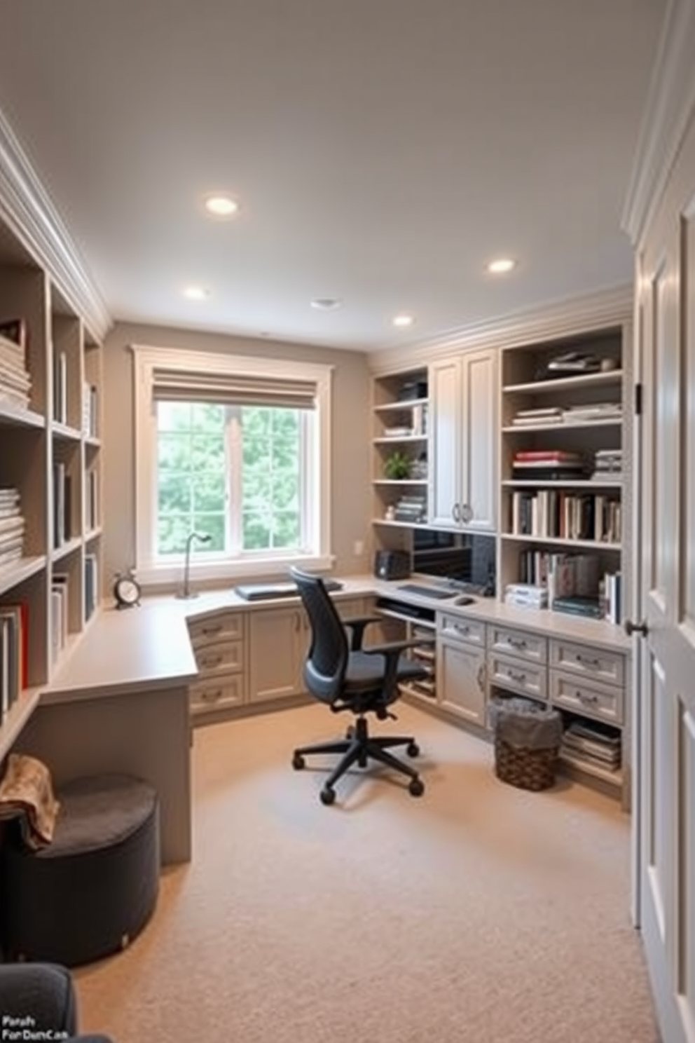 A sleek ergonomic chair designed for maximum comfort sits at a modern wooden desk in a cozy basement home office. The walls are painted in a soft gray hue, and a large window allows natural light to brighten the space, complemented by stylish shelving filled with books and decorative items.