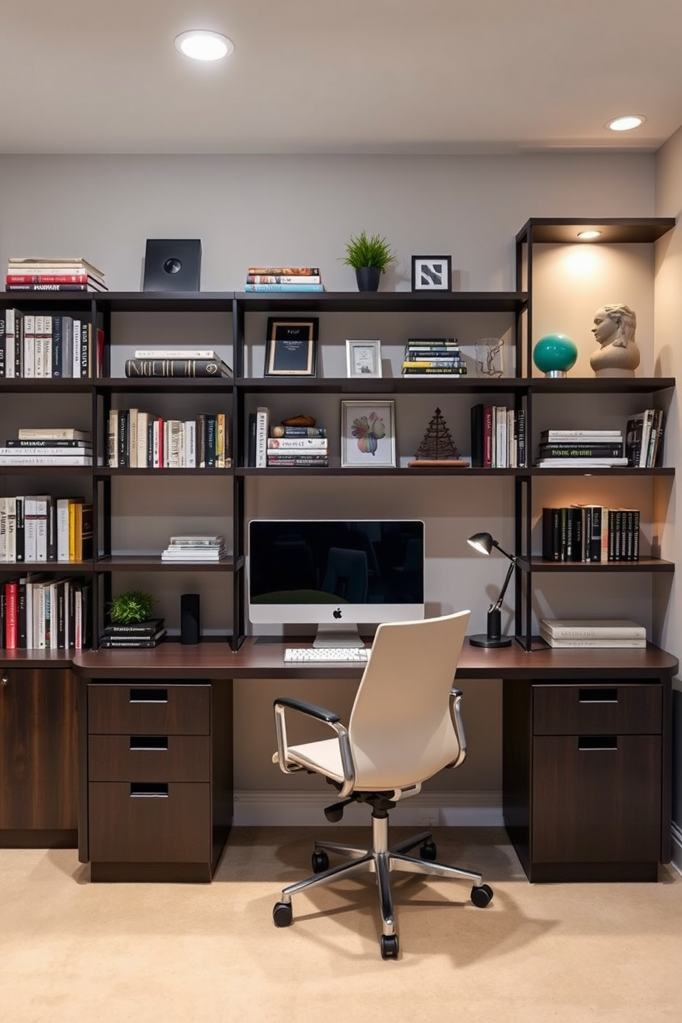 A cozy basement home office featuring soft curtains that gently filter natural light. The space includes a comfortable desk with a stylish ergonomic chair and built-in shelving adorned with books and decorative items.