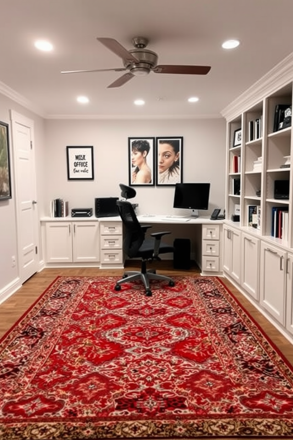 A cozy basement home office designed in a corner space. The desk is made of reclaimed wood and features built-in shelving above, adorned with plants and books.