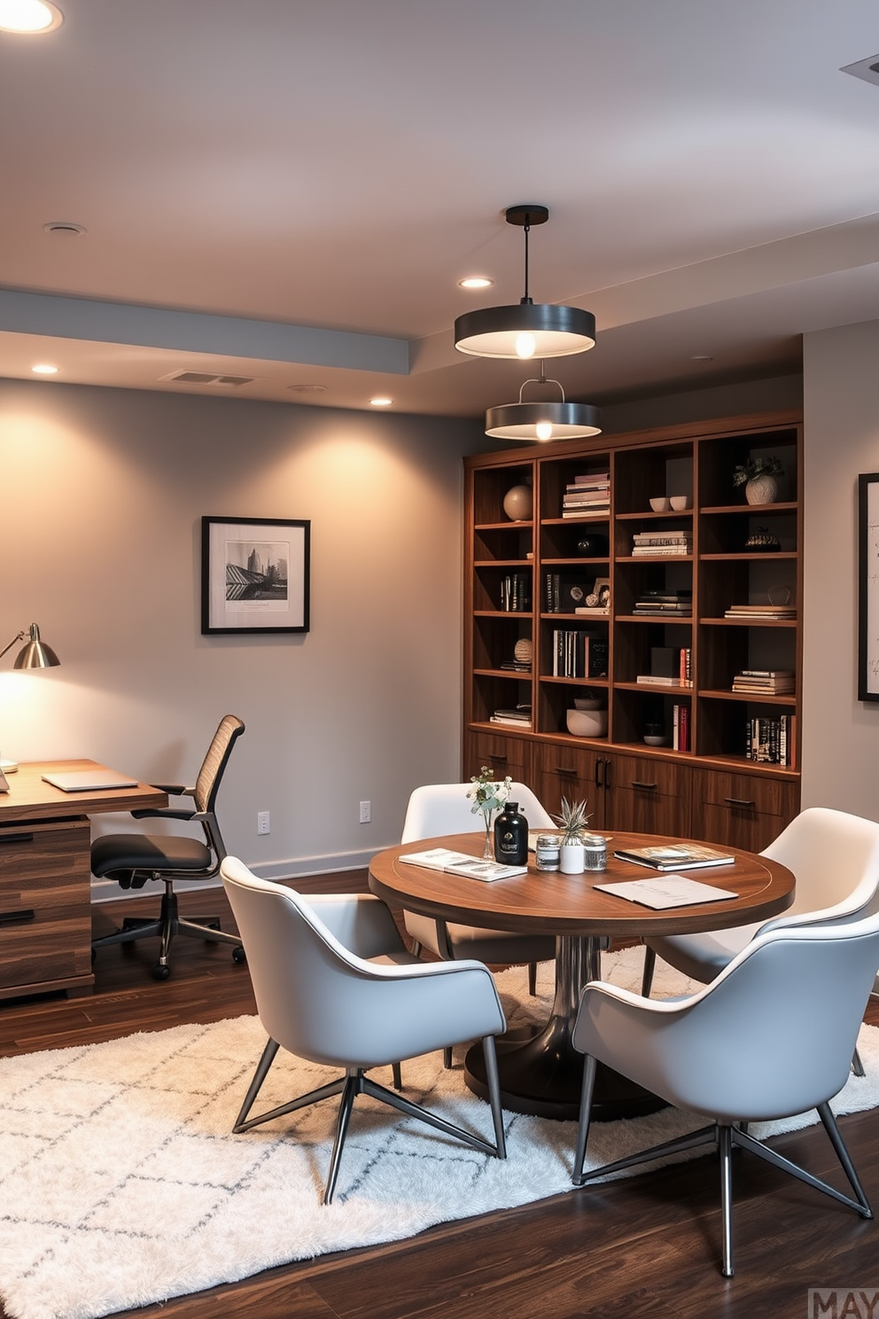 A cozy basement home office featuring a small coffee station in one corner. The workspace includes a sleek desk with a comfortable ergonomic chair, surrounded by shelves filled with books and decorative items. The walls are painted in a soft gray tone, complemented by warm wood accents. A plush area rug adds texture to the space, while a large window allows natural light to brighten the room.