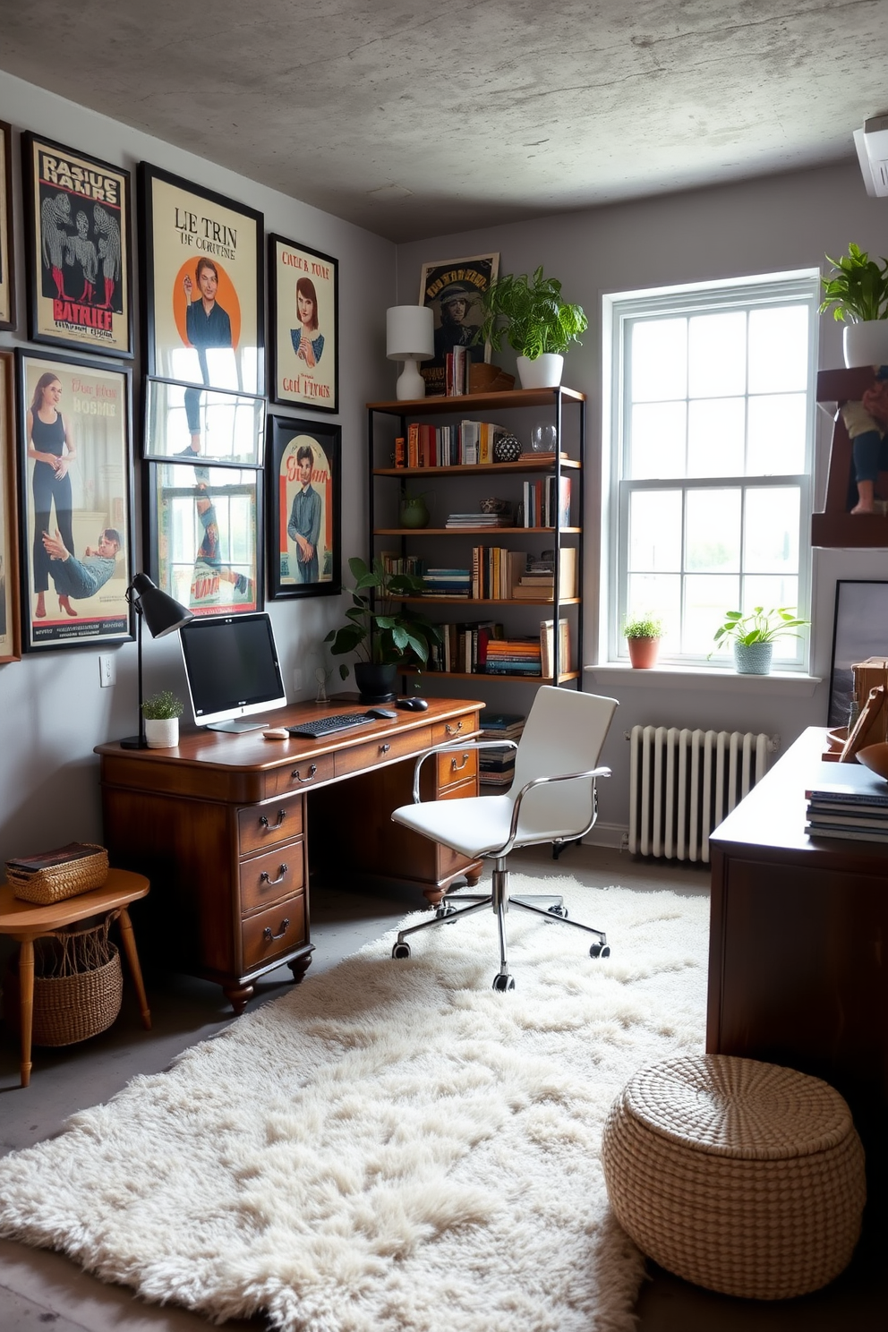 A serene basement home office designed for ultimate focus. The space features soundproofing elements such as acoustic panels on the walls and a thick carpet to absorb sound. Natural light filters in through a small window, complemented by soft LED lighting for a warm ambiance. A modern desk sits against the wall, paired with an ergonomic chair for comfort during long work hours.