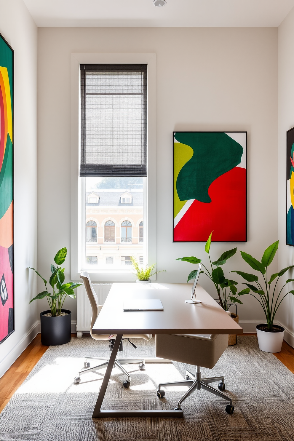 A modern basement home office features wall-mounted organizers that provide easy access to essential supplies. The space is designed with a sleek desk, ergonomic chair, and ample natural light streaming through a large window.