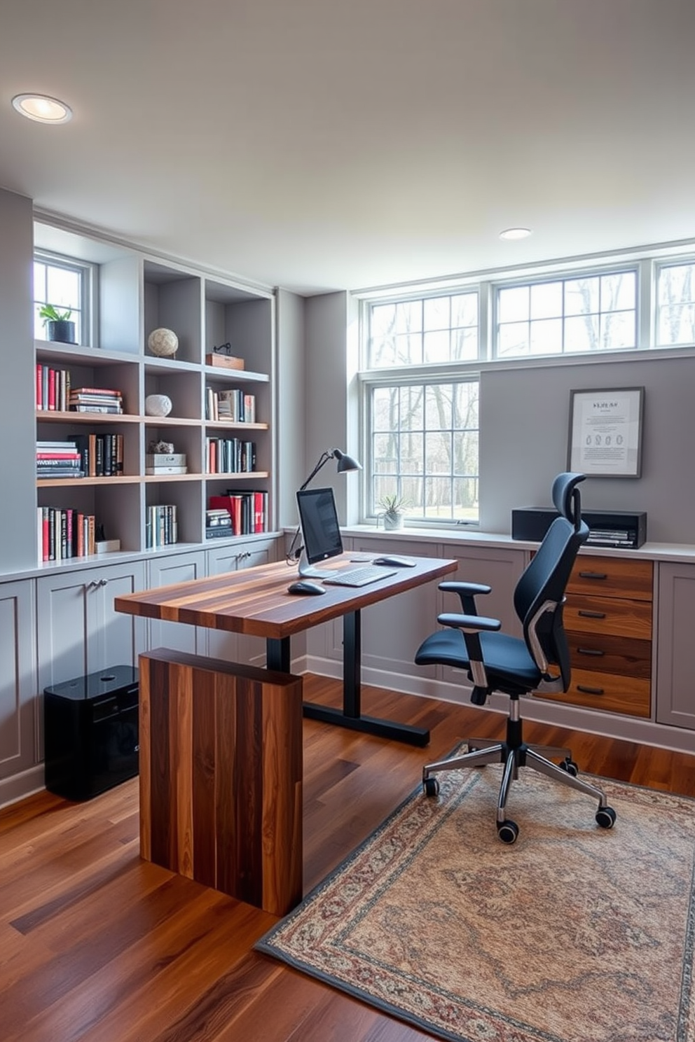 Open shelving is installed along one wall for easy access to supplies, creating an organized and functional workspace. The shelves are filled with neatly arranged books, office supplies, and decorative boxes, enhancing both practicality and aesthetics. The office features a large window that floods the space with natural light, creating an inviting atmosphere. A comfortable ergonomic chair is paired with a sleek wooden desk, providing a perfect spot for productivity and creativity.