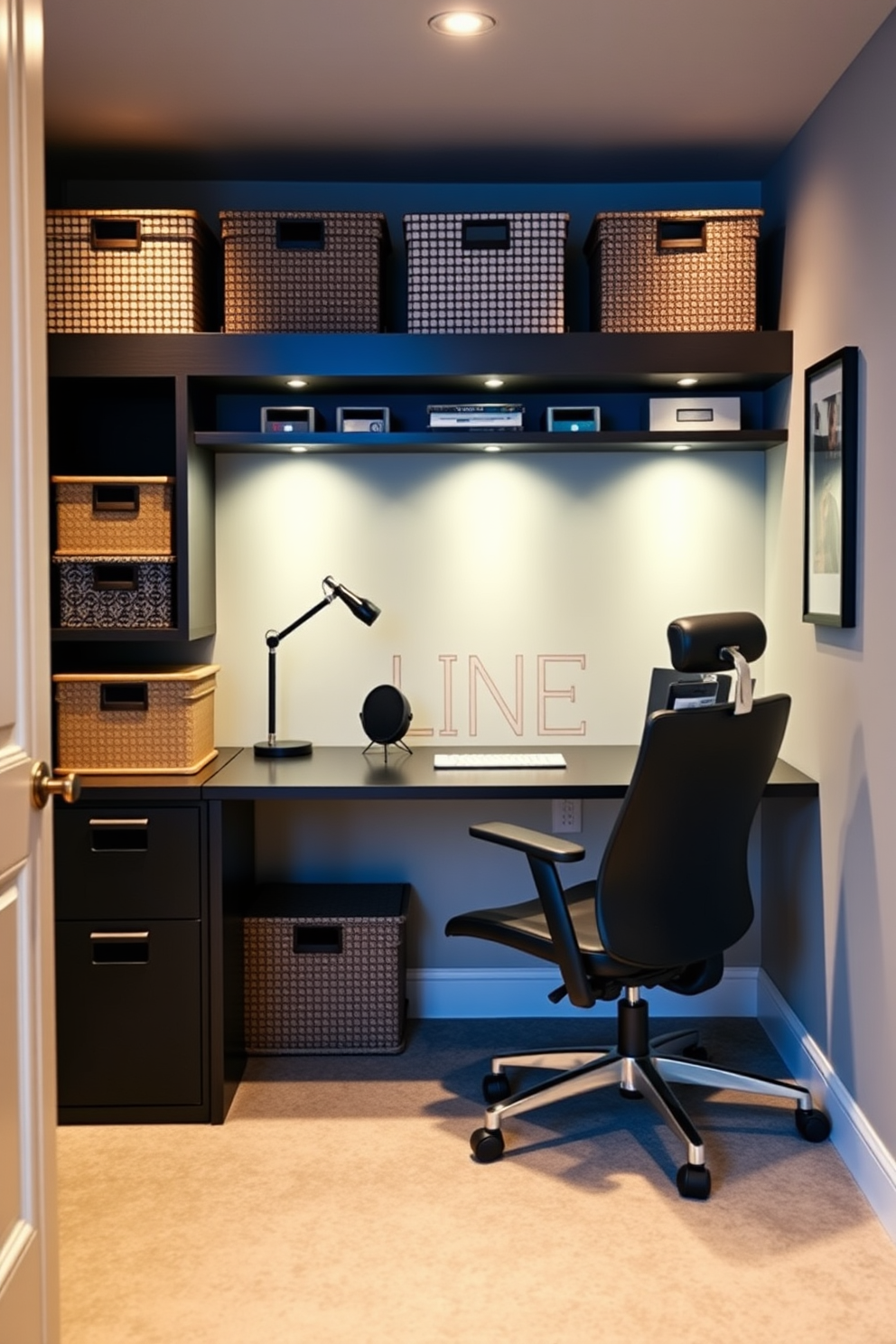 A modern basement home office featuring a sleek desk with built-in cable management solutions. The space is equipped with ergonomic seating and ample storage, complemented by soft ambient lighting and a neutral color palette.