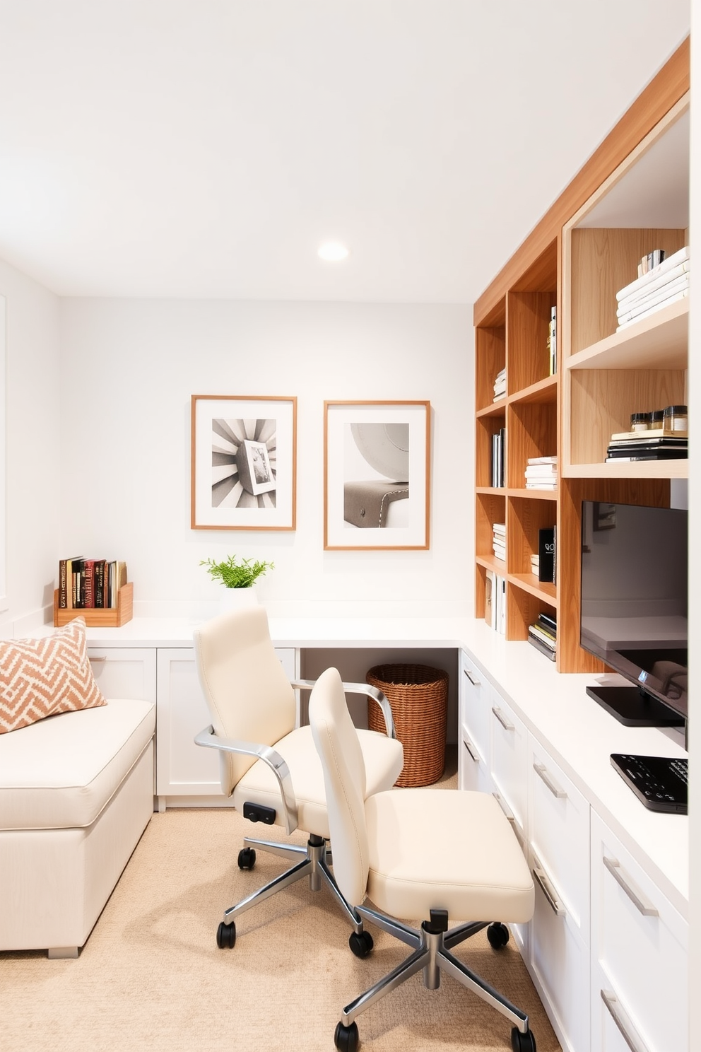 A minimalist desk is positioned against the wall with clean lines and a light wood finish. Above the desk, floating shelves display a few curated books and decorative items, enhancing the open feel of the space. The basement home office features soft, ambient lighting that creates a cozy atmosphere. Neutral tones dominate the color palette, with a plush area rug adding warmth underfoot.