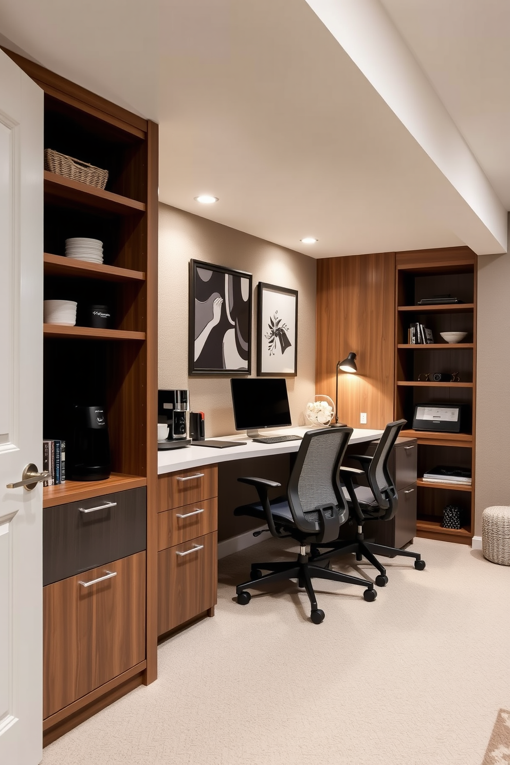 A warm and inviting basement home office features a cozy sofa in a soft gray fabric, perfect for taking breaks. The walls are painted in a calming blue hue, and a large window allows natural light to flood the space, enhancing productivity and comfort.