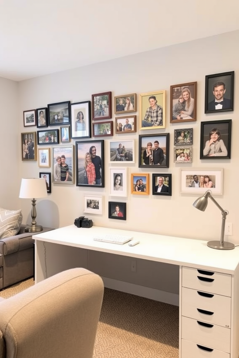 A cozy basement home office designed to maximize corner space features an L-shaped desk made of reclaimed wood. The walls are painted in a soft gray tone, and a comfortable ergonomic chair complements the workspace, while shelves above the desk hold books and decorative items.