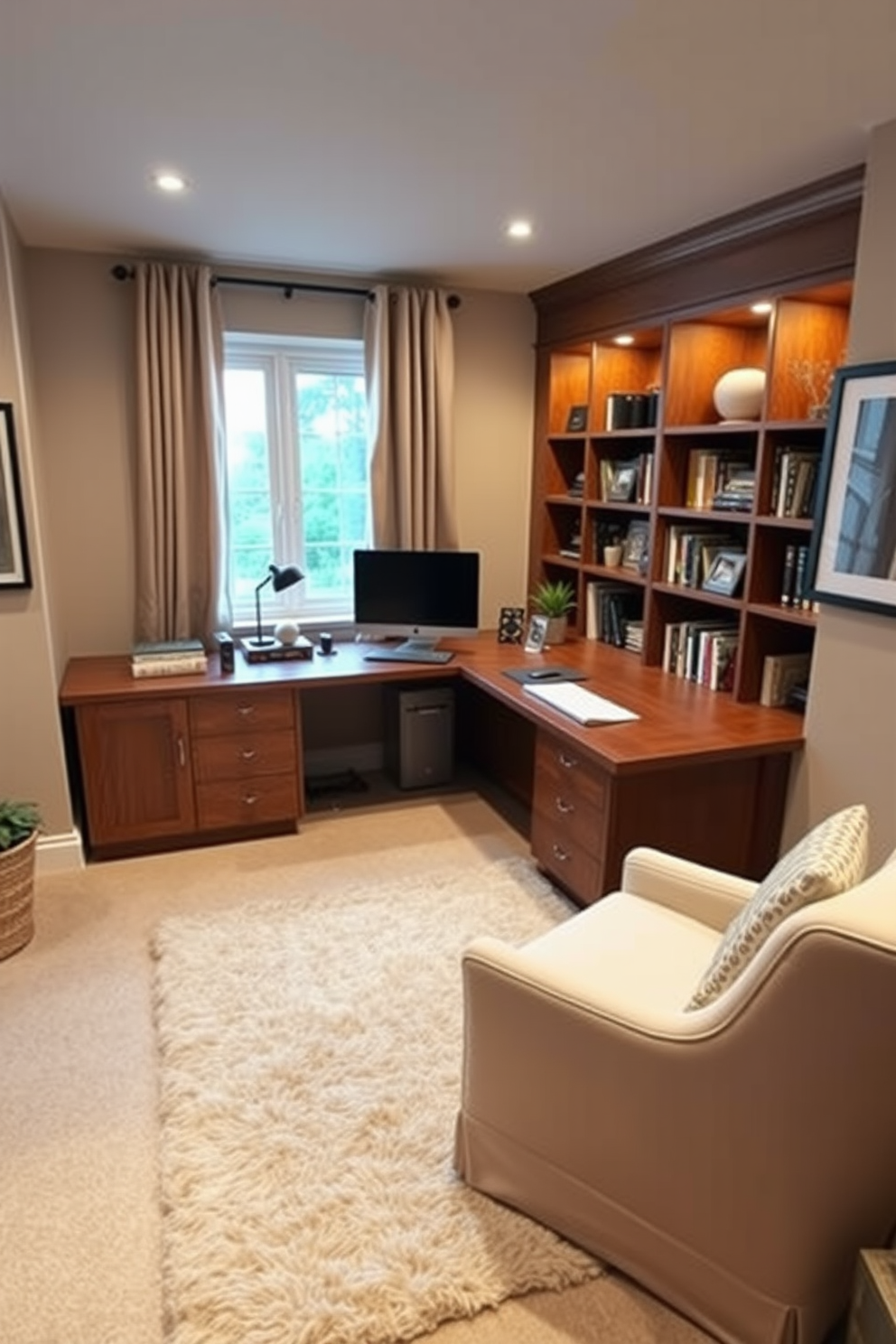 A stylish basement home office features a spacious desk made of reclaimed wood paired with a comfortable ergonomic chair. The room is illuminated by warm LED lighting, and a large chalkboard wall is painted in a deep charcoal color for brainstorming and creative ideas.