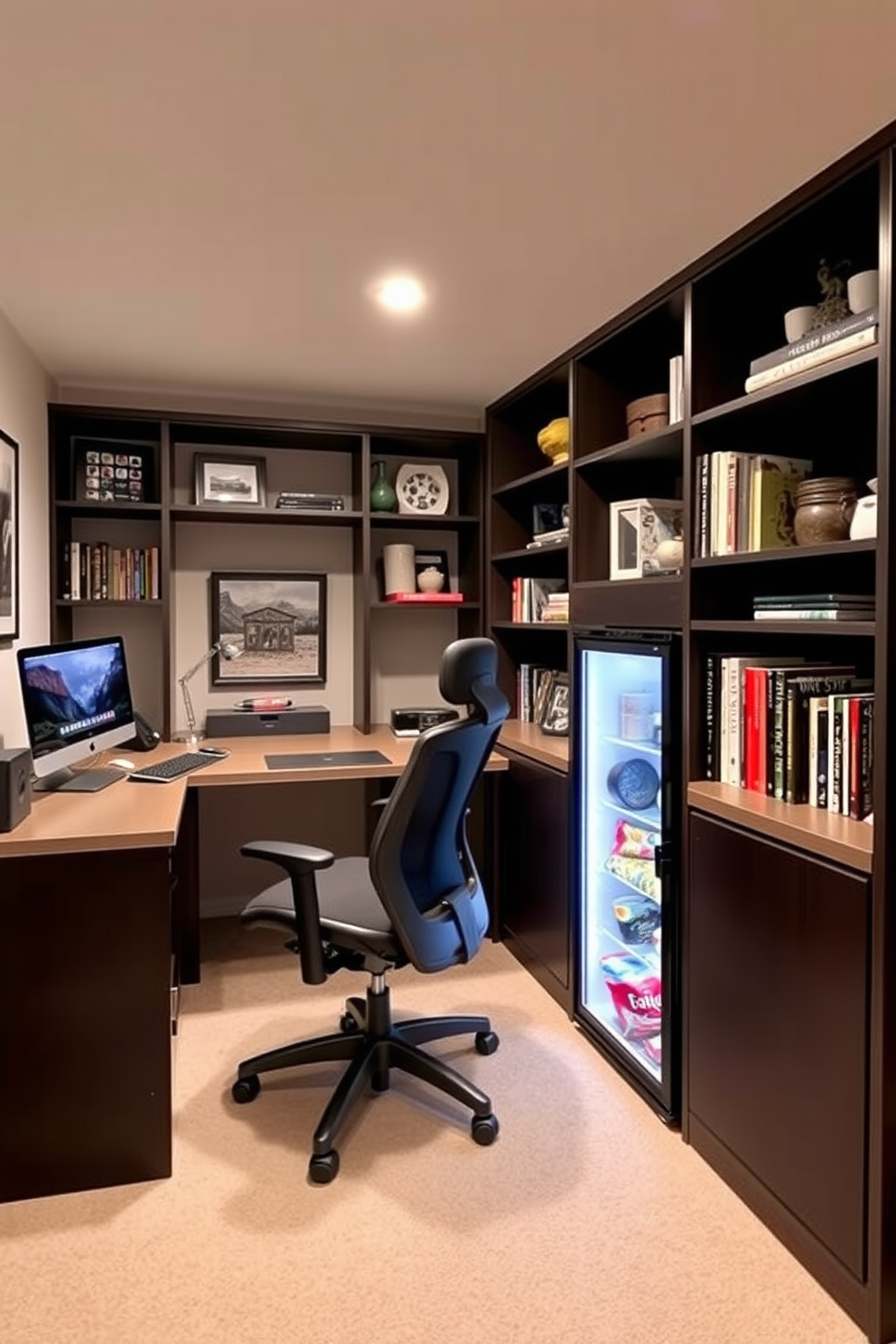 A cozy basement home office designed with a calming color palette of soft blues and warm grays. The walls are painted in a light blue hue, complemented by a plush gray carpet that adds warmth to the space. A sleek wooden desk sits against one wall, paired with an ergonomic chair upholstered in a matching gray fabric. Shelves filled with books and decorative items line the opposite wall, enhancing the inviting atmosphere.