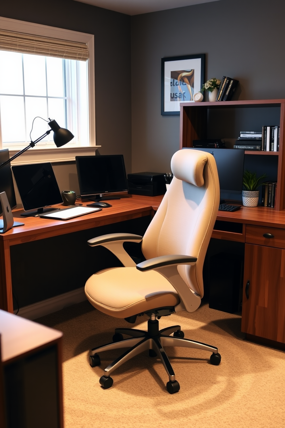 A vibrant basement home office filled with bright colors to energize the environment. The walls are painted in a cheerful yellow, complemented by a bright blue accent wall behind the desk. A sleek white desk is positioned in front of a large window, allowing natural light to flood the space. Colorful shelving units display books and decorative items, while a bold area rug adds warmth to the floor.