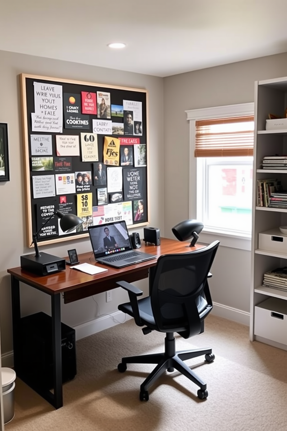 Inspiration board for ideas and motivation. A cozy basement home office featuring a large wooden desk positioned against a wall with built-in shelves filled with books and decorative items. The walls are painted in a soft gray tone, creating a calming atmosphere. A comfortable ergonomic chair is placed at the desk, and a large window allows natural light to brighten the space.