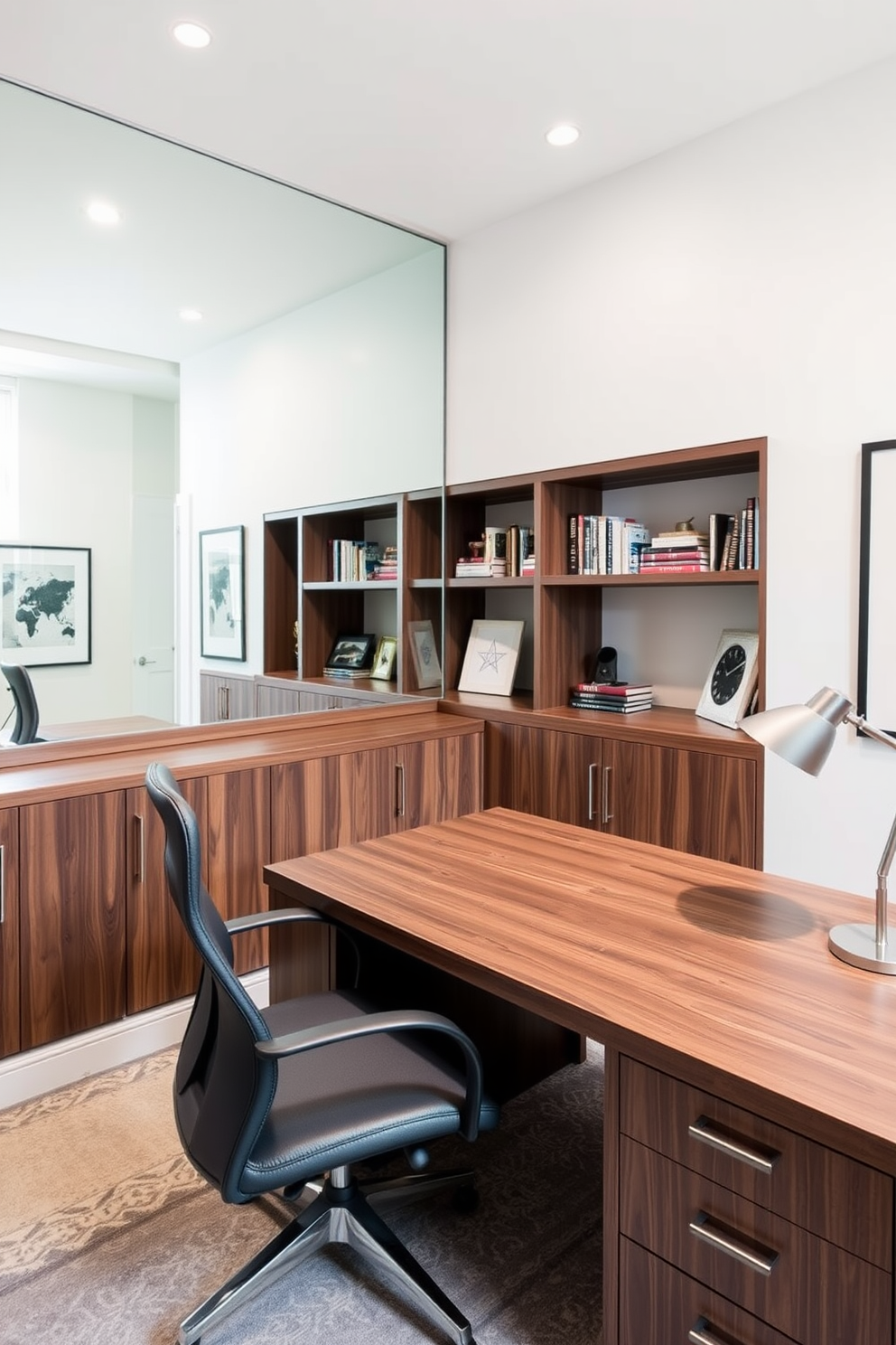 A stylish basement home office features modern task lighting that illuminates the workspace effectively. The sleek desk is paired with an ergonomic chair, creating a comfortable and productive environment.