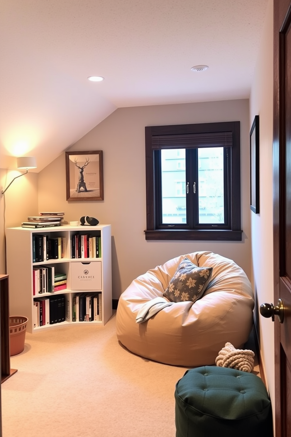 A modern basement home office featuring a sleek desk positioned against a wall with built-in shelves filled with books and decorative items. A mini fridge is discreetly placed beside the desk for convenience, and large windows allow natural light to brighten the space. The walls are painted in a light gray tone, complemented by a cozy area rug underfoot. A comfortable ergonomic chair sits at the desk, and a potted plant adds a touch of greenery to the room.