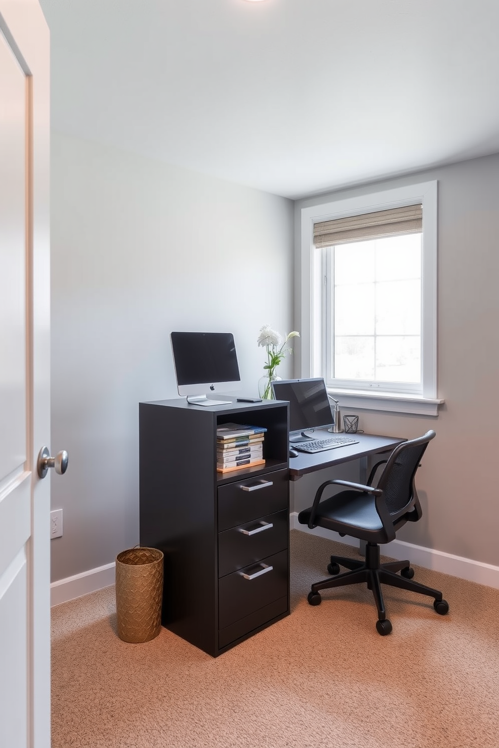 A modern basement home office features a sleek tech-friendly charging station integrated into a custom-built desk. The desk is made of dark wood with a minimalist design, and the charging station includes multiple USB ports and wireless charging pads for convenience.