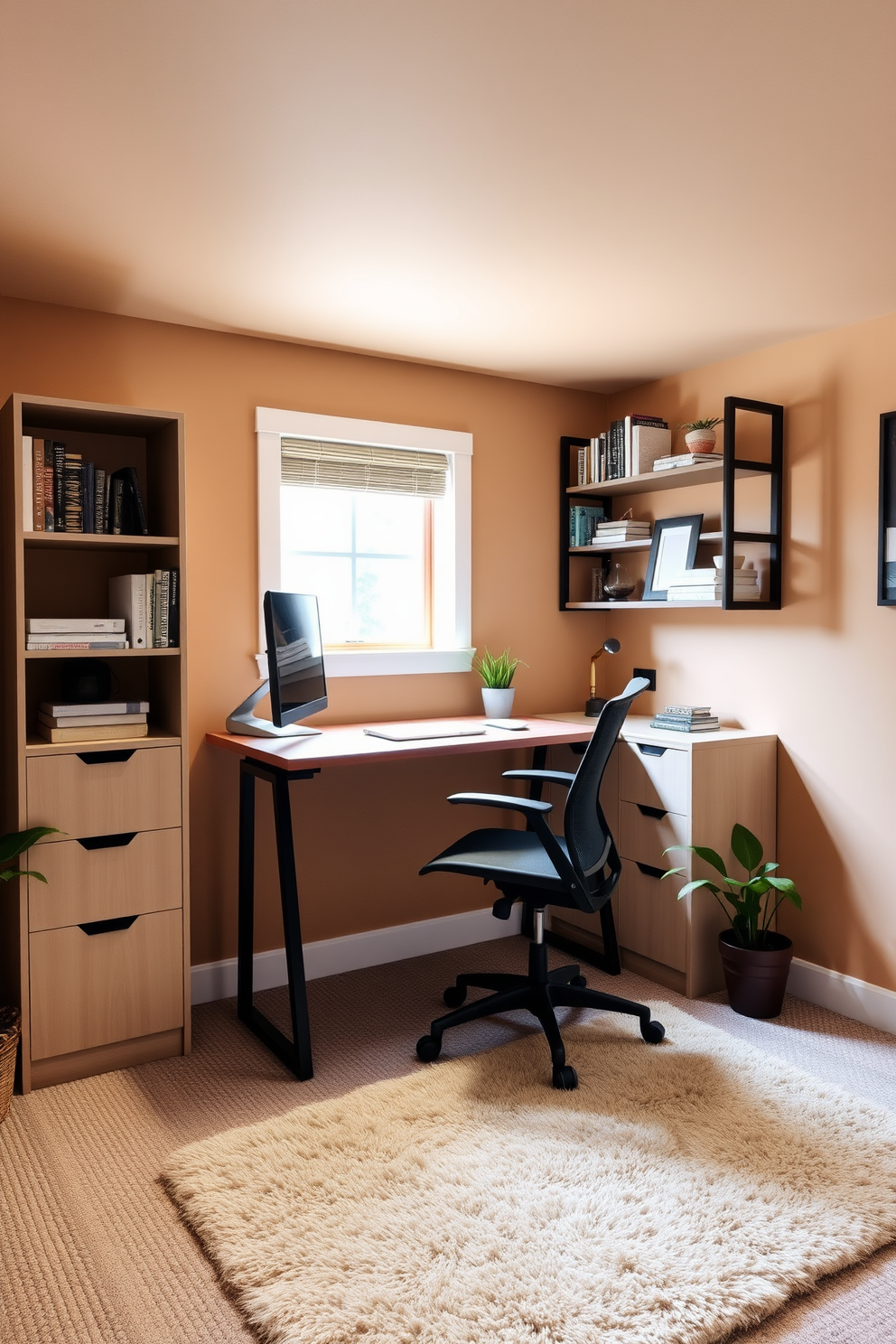 A modern basement home office featuring a large wooden desk positioned against a wall adorned with vibrant artwork. The space is illuminated by warm overhead lighting and a stylish floor lamp, creating an inviting atmosphere for creativity. Shelving units filled with books and decorative items line one side of the room, while a comfortable chair invites relaxation. A large window allows natural light to flood in, enhancing the overall ambiance of the workspace.