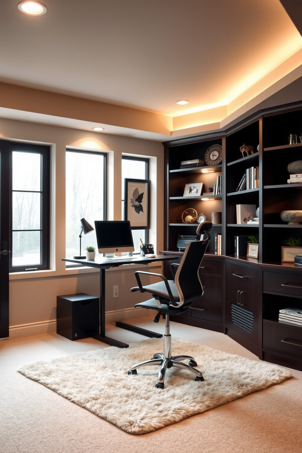 A minimalist desk is positioned against a striking feature wall adorned with geometric patterns. The desk is sleek and simple, featuring clean lines and a natural wood finish, complemented by a comfortable ergonomic chair. The feature wall is painted in a deep navy blue, creating a bold contrast with the light-colored flooring. Soft ambient lighting illuminates the space, enhancing the overall tranquility of the basement home office.