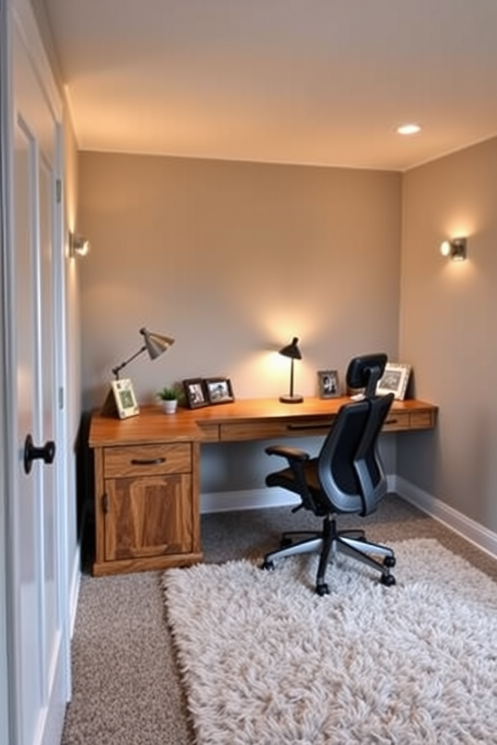 A modern basement home office featuring bold color blocking with a deep navy blue accent wall contrasting against warm beige walls. The space includes a sleek desk in a light wood finish paired with a comfortable ergonomic chair in a vibrant mustard yellow. Large windows allow natural light to flood the room, highlighting a plush area rug in geometric patterns that add texture to the floor. Shelving units in a mix of dark wood and bright colors display books and decorative items, creating an inviting and inspiring workspace.