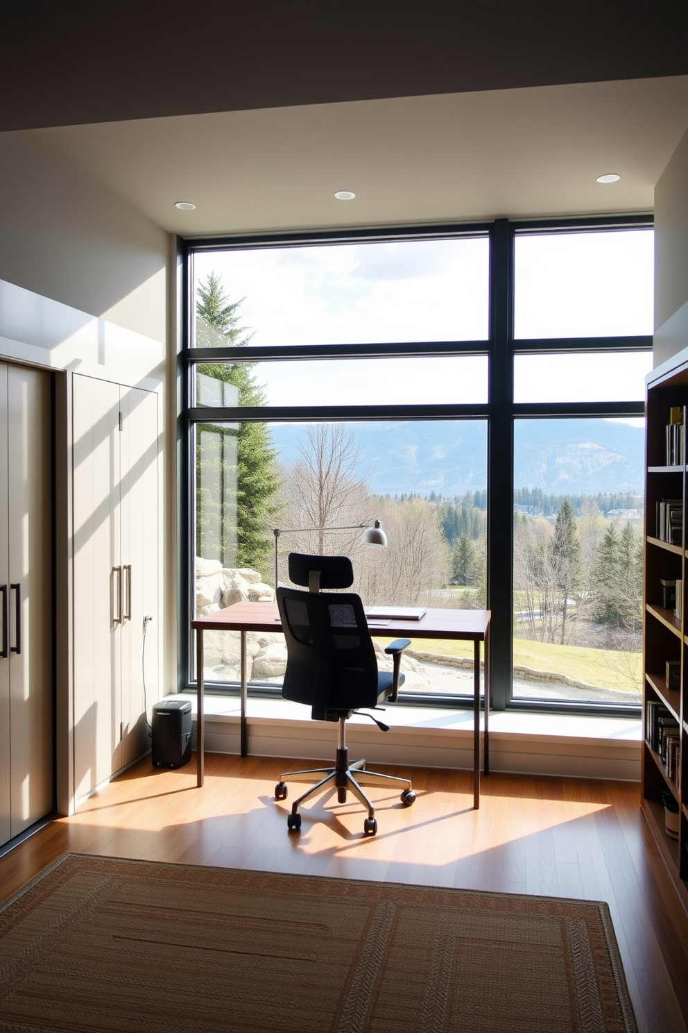 A bright and energizing workspace in a basement home office features vibrant blue walls that reflect natural light. The room is furnished with a modern white desk and a comfortable ergonomic chair, complemented by colorful artwork on the walls. A large window allows sunlight to flood the space, enhancing the cheerful ambiance. Potted plants are strategically placed around the room, adding a touch of greenery and freshness to the overall design.