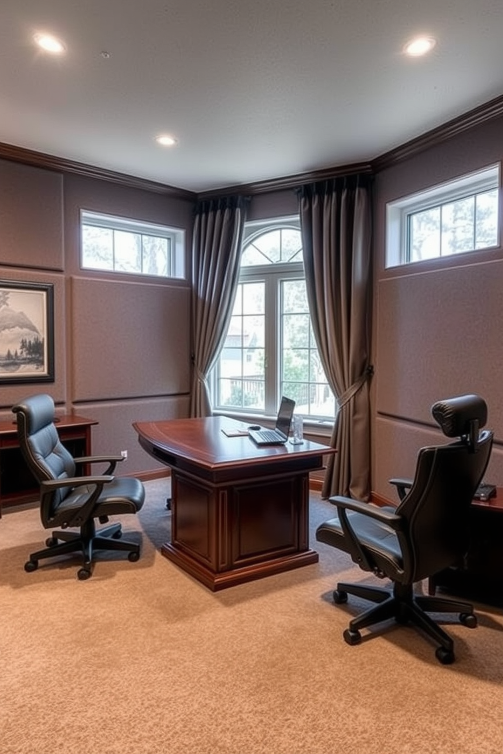 An L-shaped desk is positioned in the corner of the basement home office, allowing for efficient use of space. The desk features a sleek finish and is accompanied by a comfortable ergonomic chair for long working hours. The walls are painted in a soft gray tone, creating a calm and inviting atmosphere. A large window provides natural light, while strategically placed shelves hold books and decorative items to enhance the workspace.