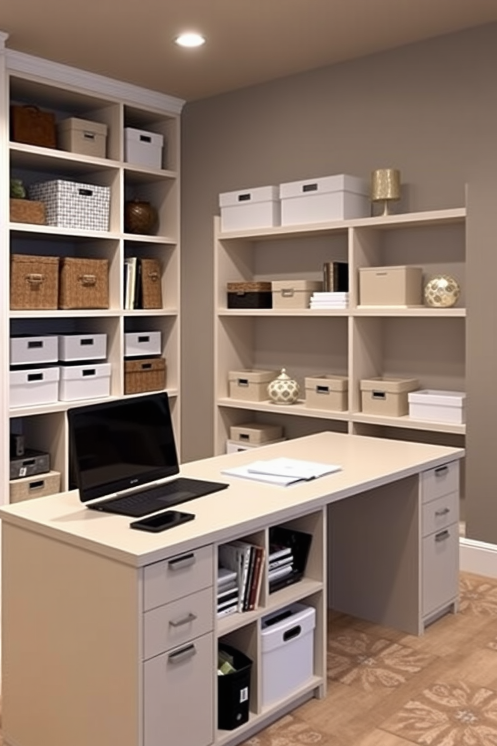 A vibrant accent wall painted in a deep teal hue serves as the focal point of the basement home office. Surrounding the wall, sleek white shelving units display colorful books and art pieces, enhancing the creative atmosphere. The office features a modern desk with a glass top and a comfortable ergonomic chair in a bright yellow shade. Natural light floods the space through a large window, complemented by warm wooden flooring that adds a cozy touch.