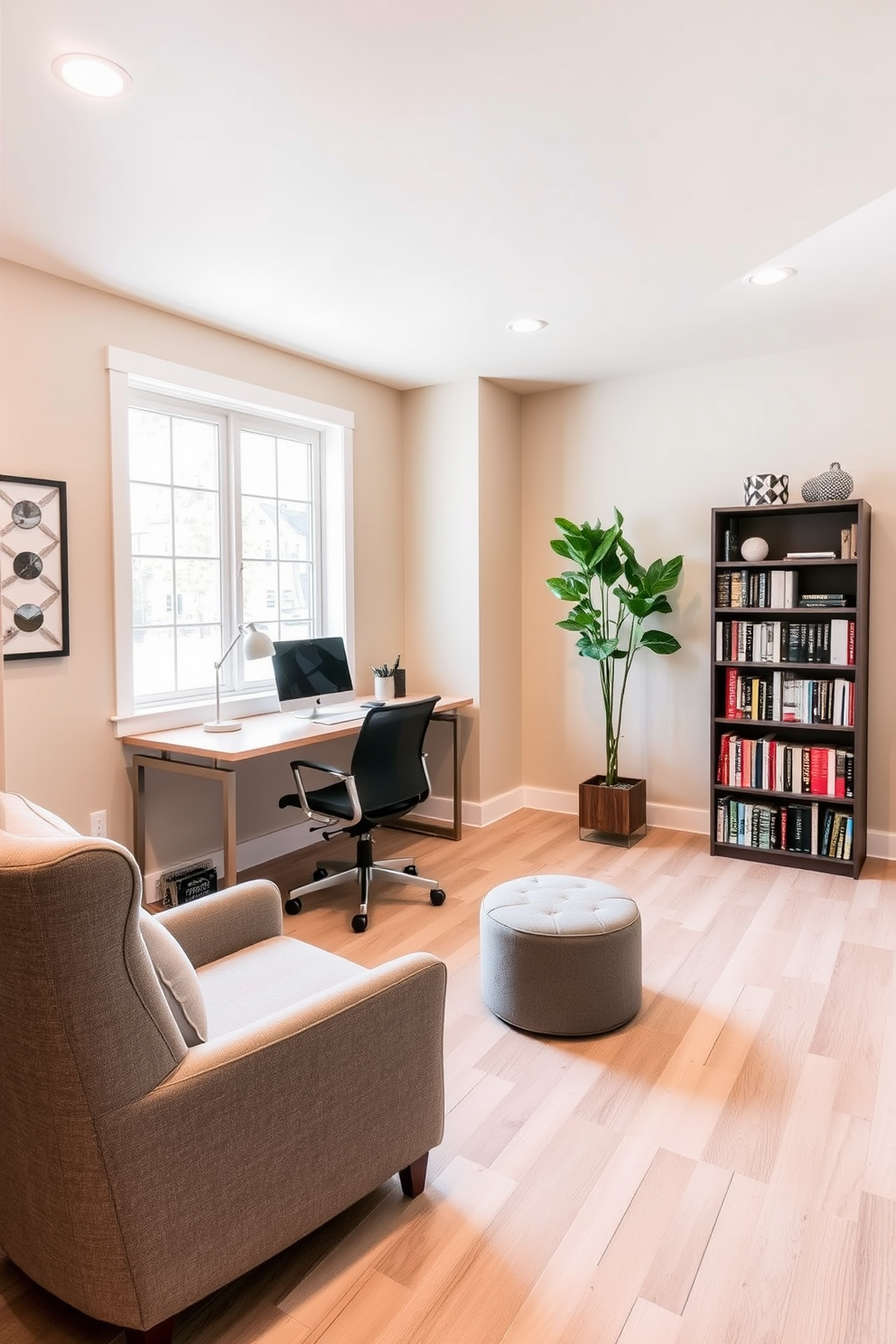 A cozy basement home office featuring layered lighting that creates a warm ambiance. The space includes a sleek wooden desk positioned near a large window, with a stylish desk lamp providing focused light. Soft overhead lights are complemented by wall sconces, casting a gentle glow throughout the room. A plush area rug adds comfort underfoot, while bookshelves lined with books and decorative items fill the walls.