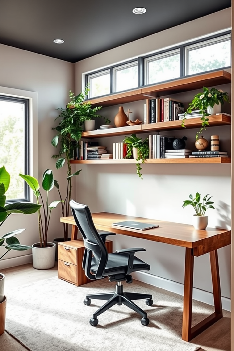 A cozy basement home office features a large wooden desk positioned against a wall adorned with built-in shelves filled with books and decorative items. A comfortable ergonomic chair is placed at the desk, while a large window allows natural light to filter in, creating an inviting workspace. To enhance the fresh vibe, several potted plants are strategically placed around the room, including a tall fiddle leaf fig in one corner and smaller succulents on the desk. The walls are painted in a soft gray tone, and the floor is covered with a warm area rug that adds texture and comfort to the space.