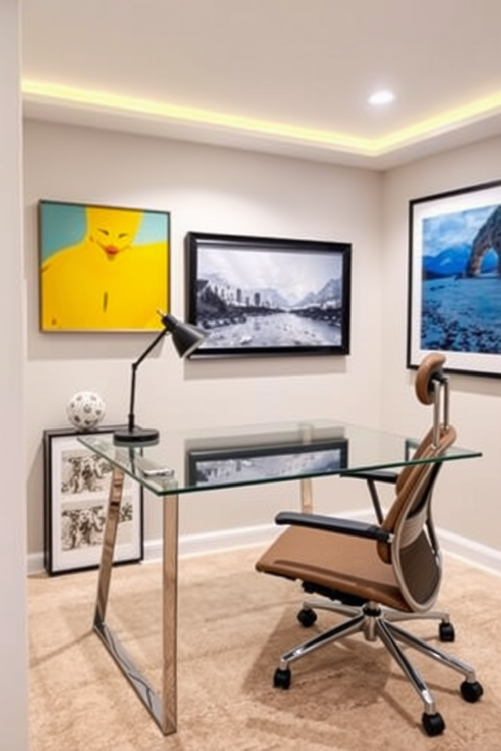 A cozy basement home office features a large area rug that delineates the workspace from the rest of the room. The rug is a soft gray with subtle patterns, providing warmth and comfort underfoot while complementing the neutral color palette of the walls. A sleek wooden desk sits atop the rug, paired with an ergonomic chair that invites productivity. Natural light filters in through a small window, illuminating the space and enhancing the inviting atmosphere.