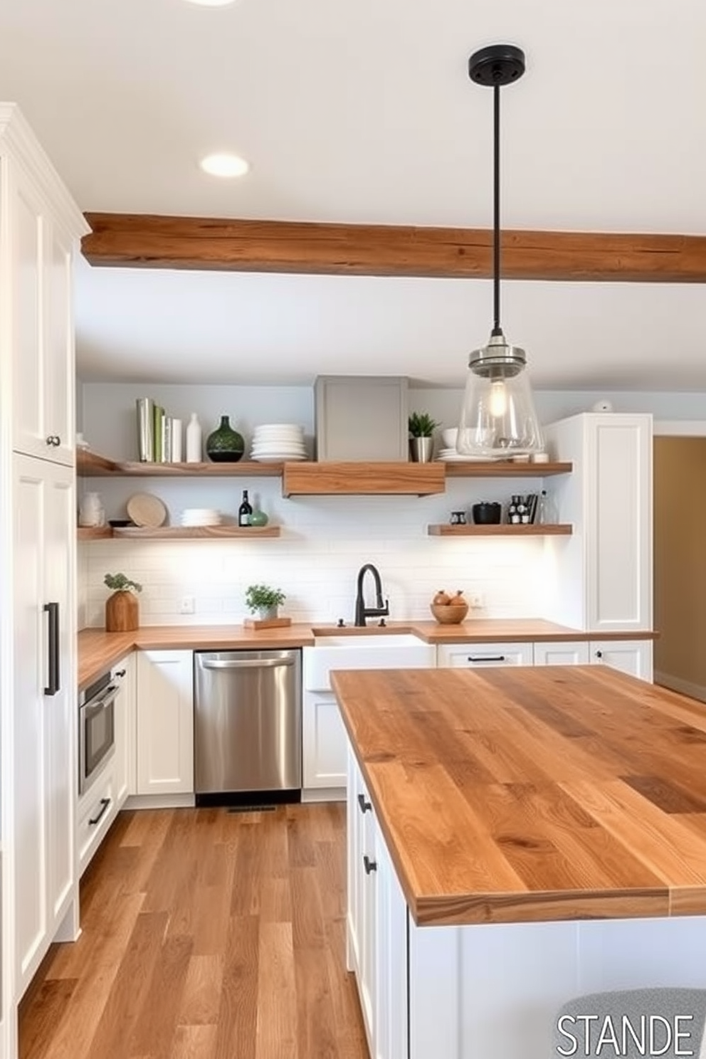 A modern open concept kitchenette layout features sleek cabinetry in a soft white finish with stainless steel appliances seamlessly integrated. The space is illuminated by pendant lights hanging over a large island that doubles as a breakfast bar, creating a welcoming atmosphere for casual dining. Incorporated into the design are open shelving units that display stylish dishware and decorative items, adding personality to the space. The flooring is a warm hardwood that complements the overall aesthetic, while large windows allow natural light to flood the area, enhancing the feeling of openness.