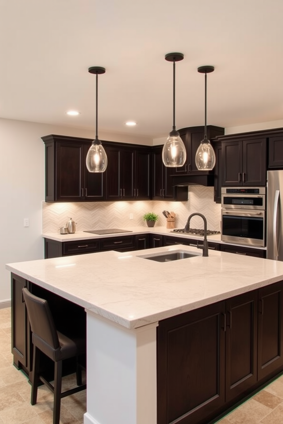 A contemporary basement kitchen featuring a sleek black and white color scheme. The cabinetry is a glossy black with minimalist handles, complemented by a white marble countertop that extends into a breakfast bar. The walls are painted in a crisp white, creating a bright and airy feel, while the flooring consists of large black tiles for a striking contrast. Modern stainless steel appliances are seamlessly integrated into the design, enhancing the kitchen's functionality and style.