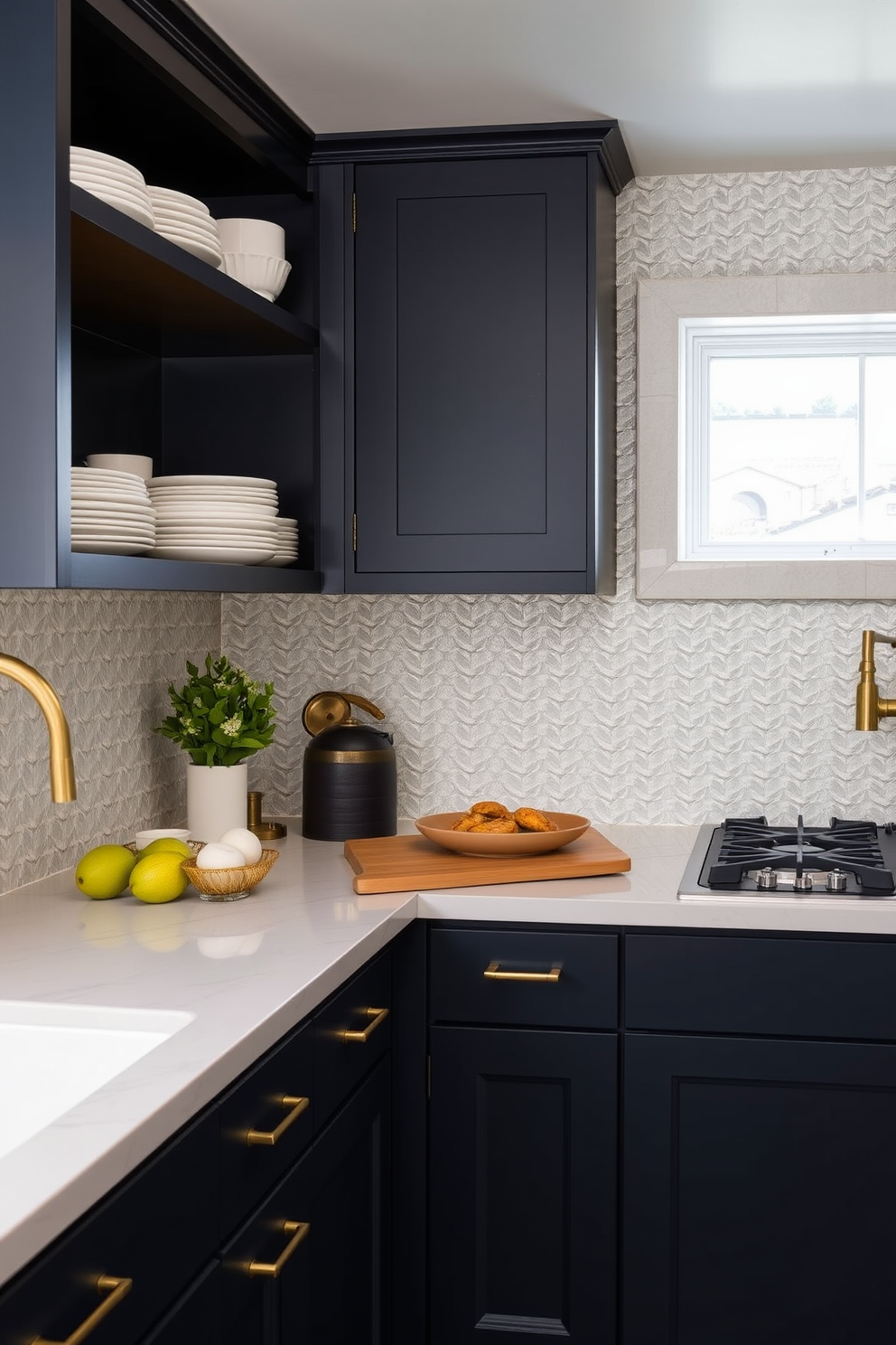 A basement kitchen featuring a textured backsplash that adds depth and visual interest. The cabinetry is a rich navy blue, complemented by brass hardware and open shelving displaying stylish dishware.