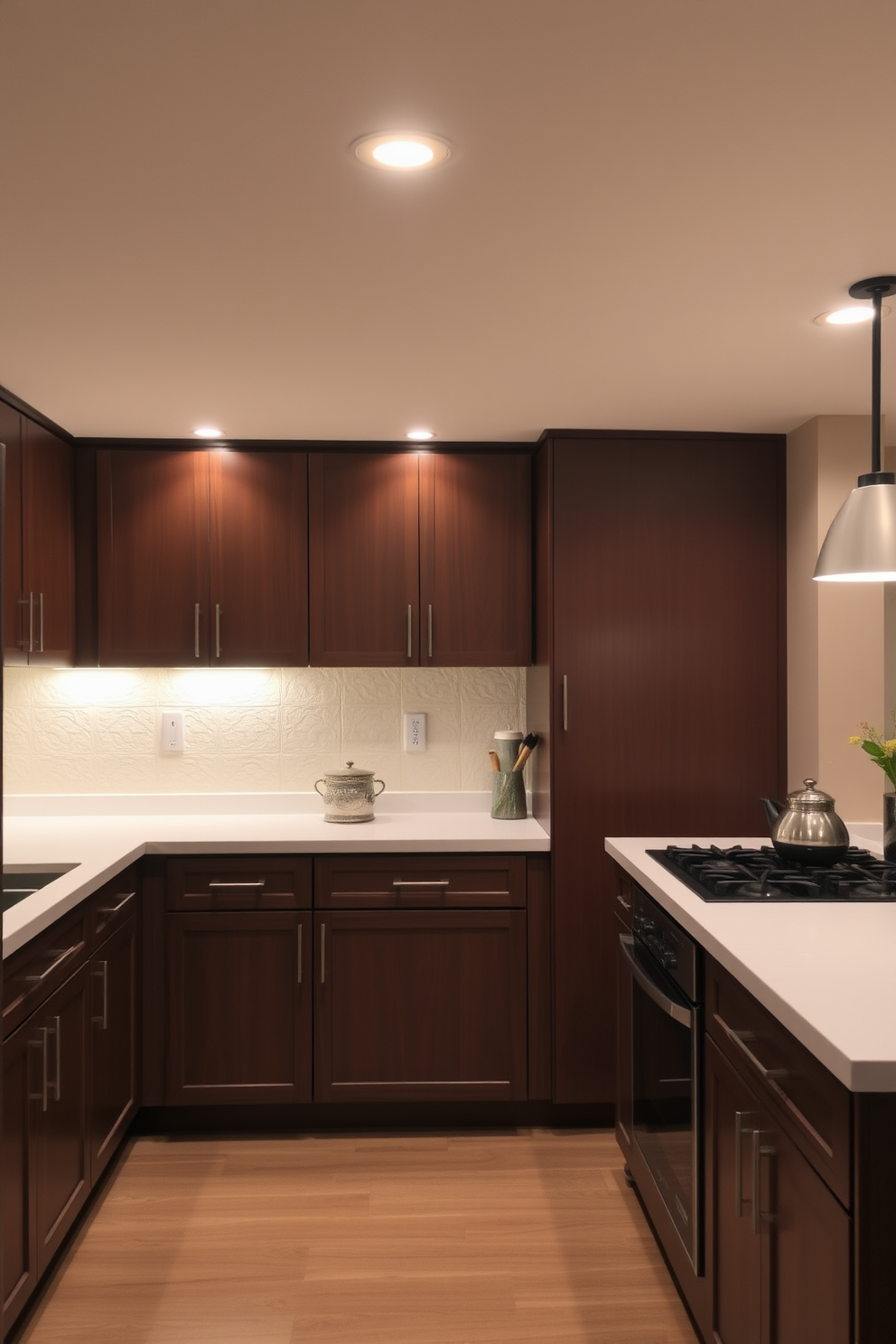 A basement kitchen featuring under-cabinet lighting that creates a warm and inviting atmosphere. The cabinetry is a rich walnut finish, and the countertops are a sleek white quartz, enhancing the overall elegance of the space.