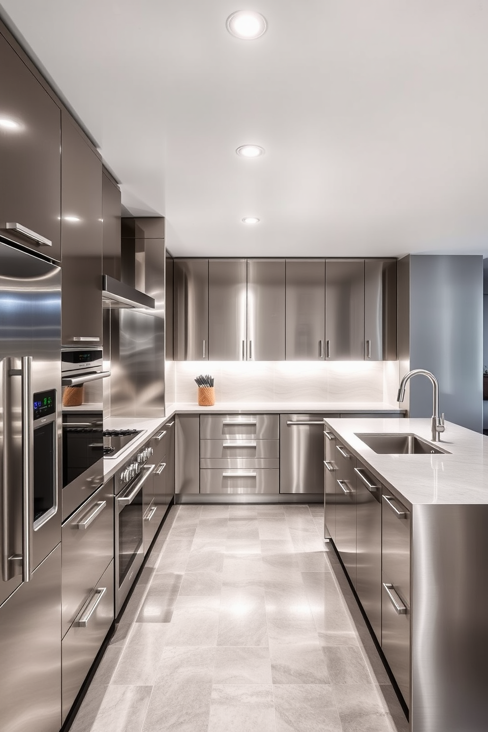 A stylish basement kitchen featuring an integrated wine fridge seamlessly built into the cabinetry. The space showcases sleek countertops and modern appliances, with warm lighting creating an inviting atmosphere.