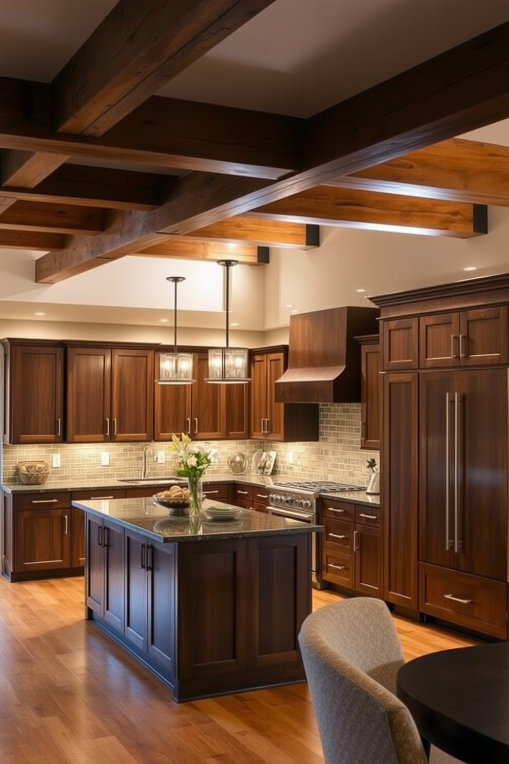 A striking basement kitchen featuring bold wallpaper on a statement wall that showcases a vibrant geometric pattern. The kitchen island is central, adorned with sleek quartz countertops and modern bar stools that invite casual dining.