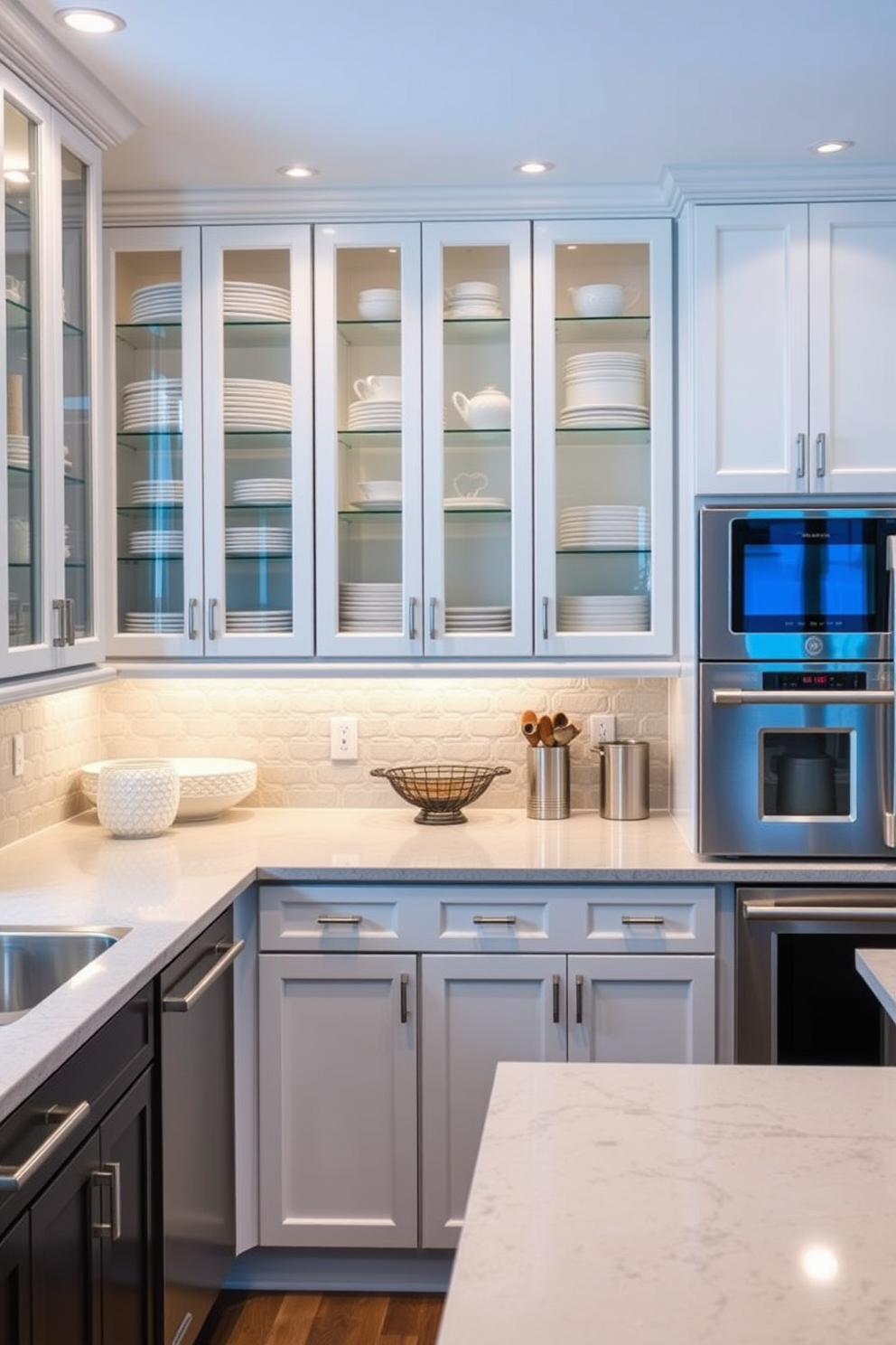 A modern basement kitchen features glass front cabinets that elegantly display an array of colorful dishware. The cabinetry is complemented by sleek stainless steel appliances and a spacious island topped with quartz for added functionality.