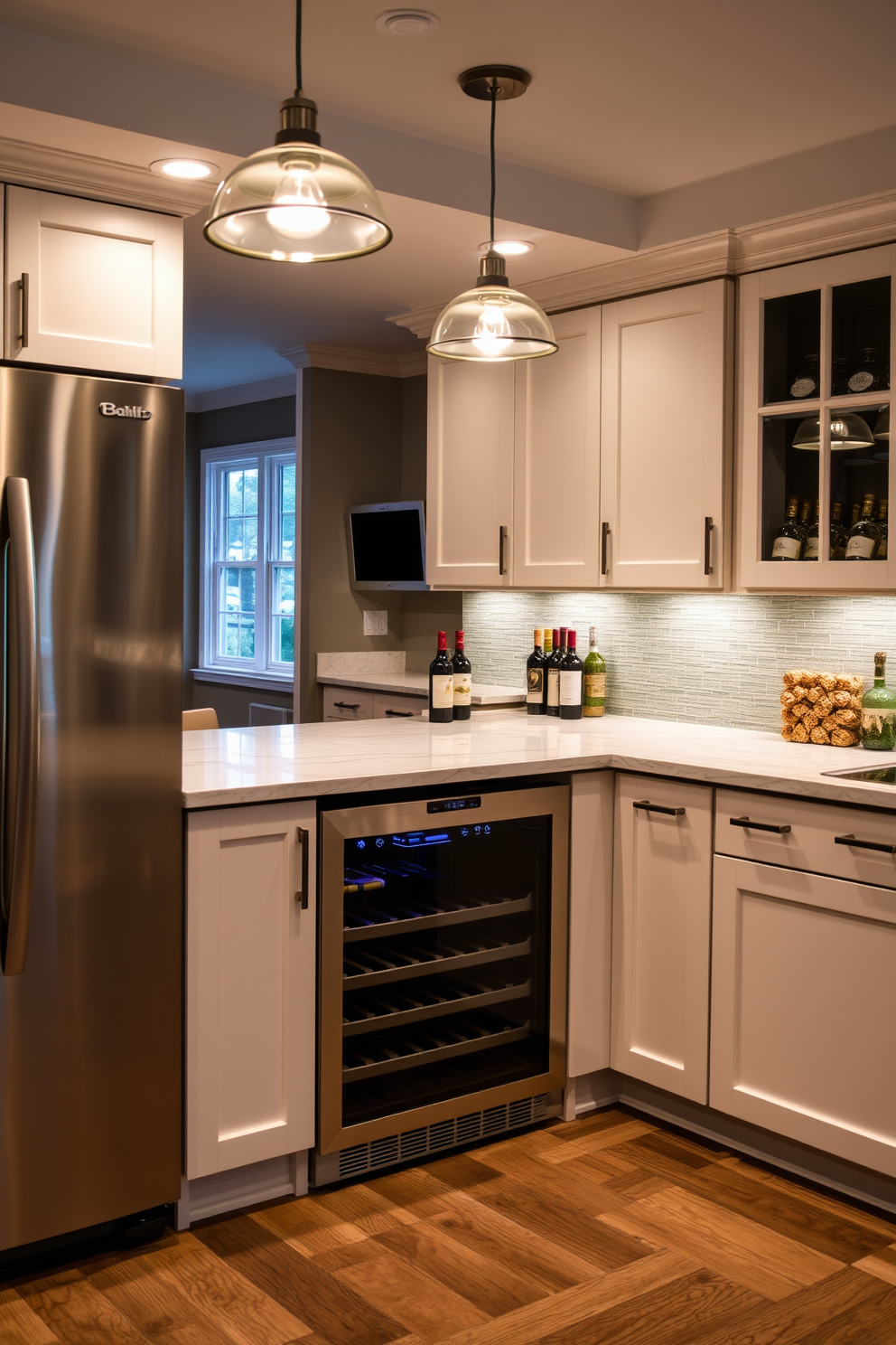 A stylish basement kitchen designed for wine connoisseurs features an integrated wine cooler seamlessly built into the cabinetry. The space is illuminated by soft pendant lights, creating an inviting atmosphere for entertaining guests.