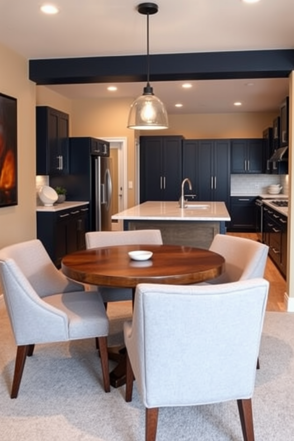 A stylish basement kitchen featuring exposed brick walls and steel beams for an industrial vibe. The kitchen island is made of reclaimed wood with metal accents, complemented by sleek bar stools. Stainless steel appliances are seamlessly integrated into the cabinetry, which has a matte black finish. Pendant lights with Edison bulbs hang above the island, casting a warm glow over the space.