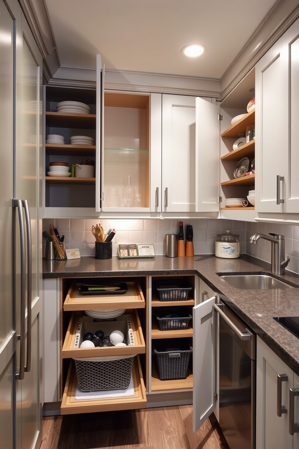 Cozy reading nook adjacent to kitchenette. A plush armchair is positioned next to a small round table, with a soft throw blanket draped over the armrest. The kitchenette features sleek cabinetry with a warm wood finish and a compact island for meal prep. Soft pendant lighting hangs above, creating an inviting atmosphere for both cooking and relaxation. Basement kitchen design ideas. The space includes an open layout with modern appliances and a stylish backsplash that adds a pop of color. Ample storage is integrated into the design with custom cabinetry, while a cozy seating area invites social gatherings.