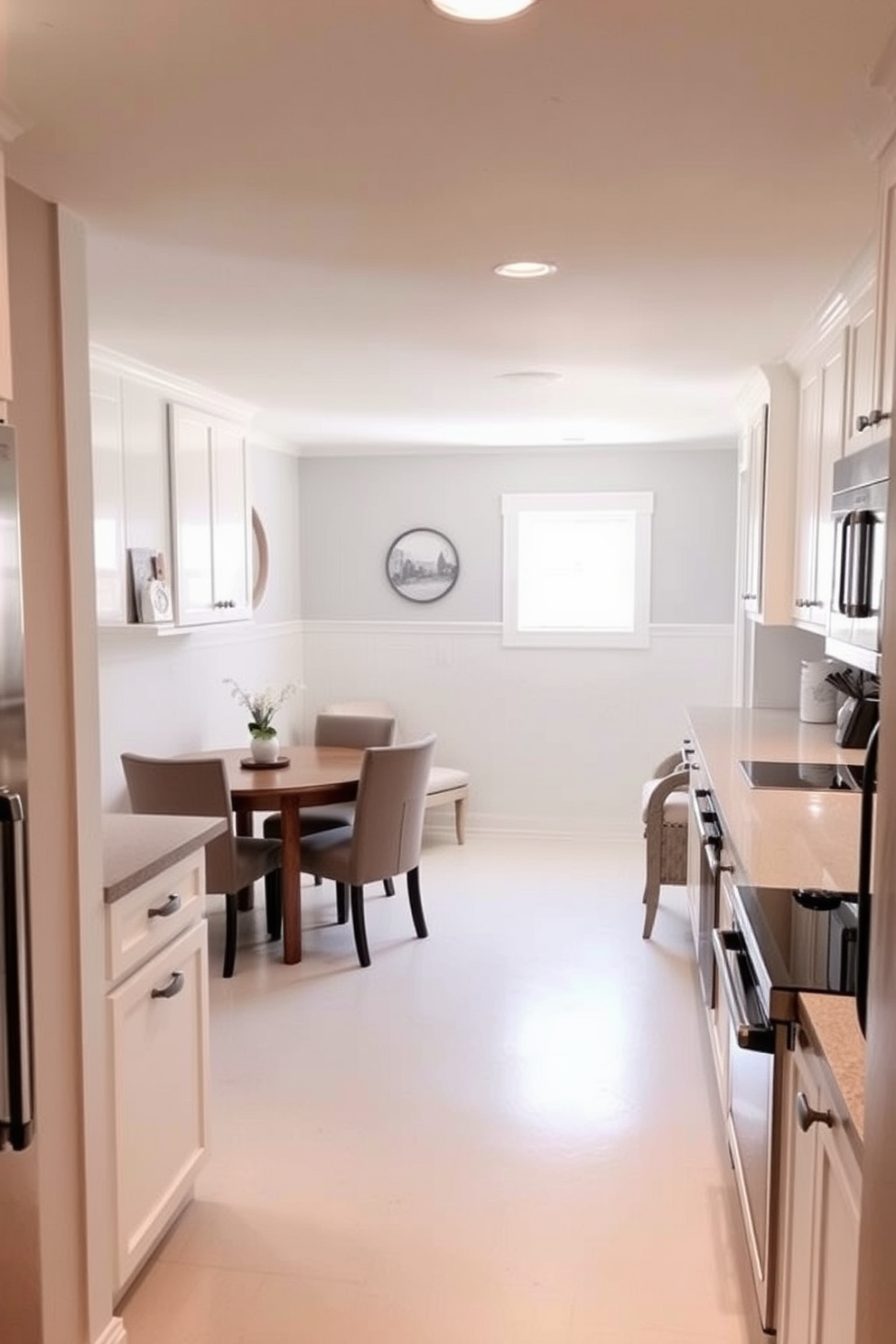 A serene basement kitchen design features a neutral color palette that promotes a calming atmosphere. The cabinetry is a soft white, complemented by light gray countertops and a subtle backsplash that adds texture without overwhelming the space. Natural light filters in through a small window, illuminating the open layout. A cozy dining nook with a wooden table and upholstered chairs invites relaxation and social gatherings.